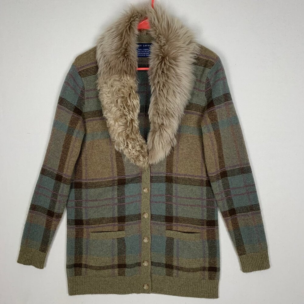 Ralph Lauren 100% Cashmere Fur Collar Plaid Cardigan Women's Large